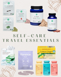 Collage of all the self-care items needed to continue on with their self-care routines while on the go.