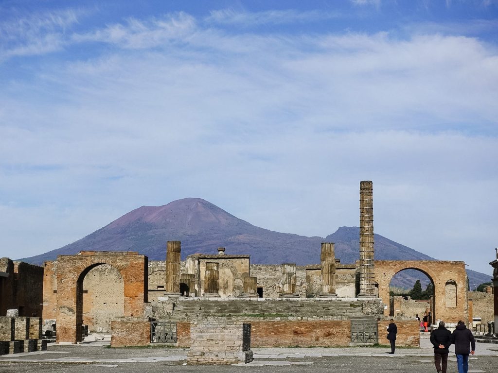 Mount Vesuvius in the distance of the ruins of Pompeii