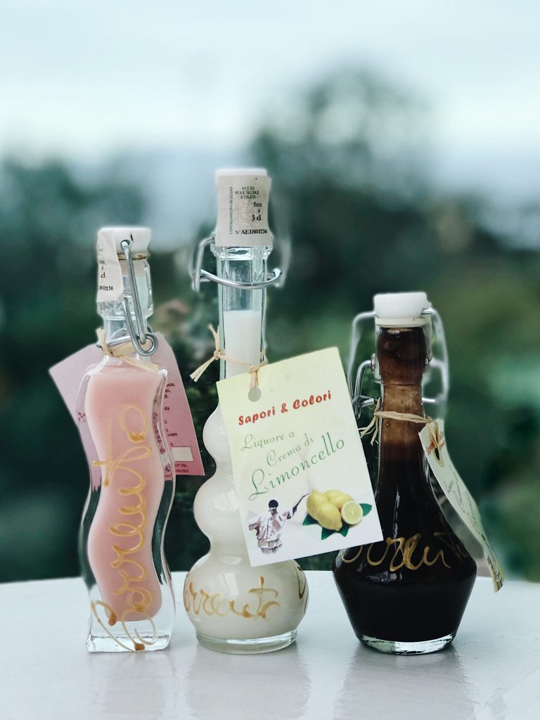 3 Limoncello bottles from Sapori e Colori Sorrento. Flavors strawberry, original, and chocolate.